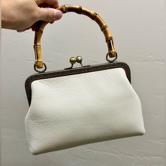 Handsewn Genuine Pebble Leather Real Bamboo Handle Bag - Picture 4 of 13